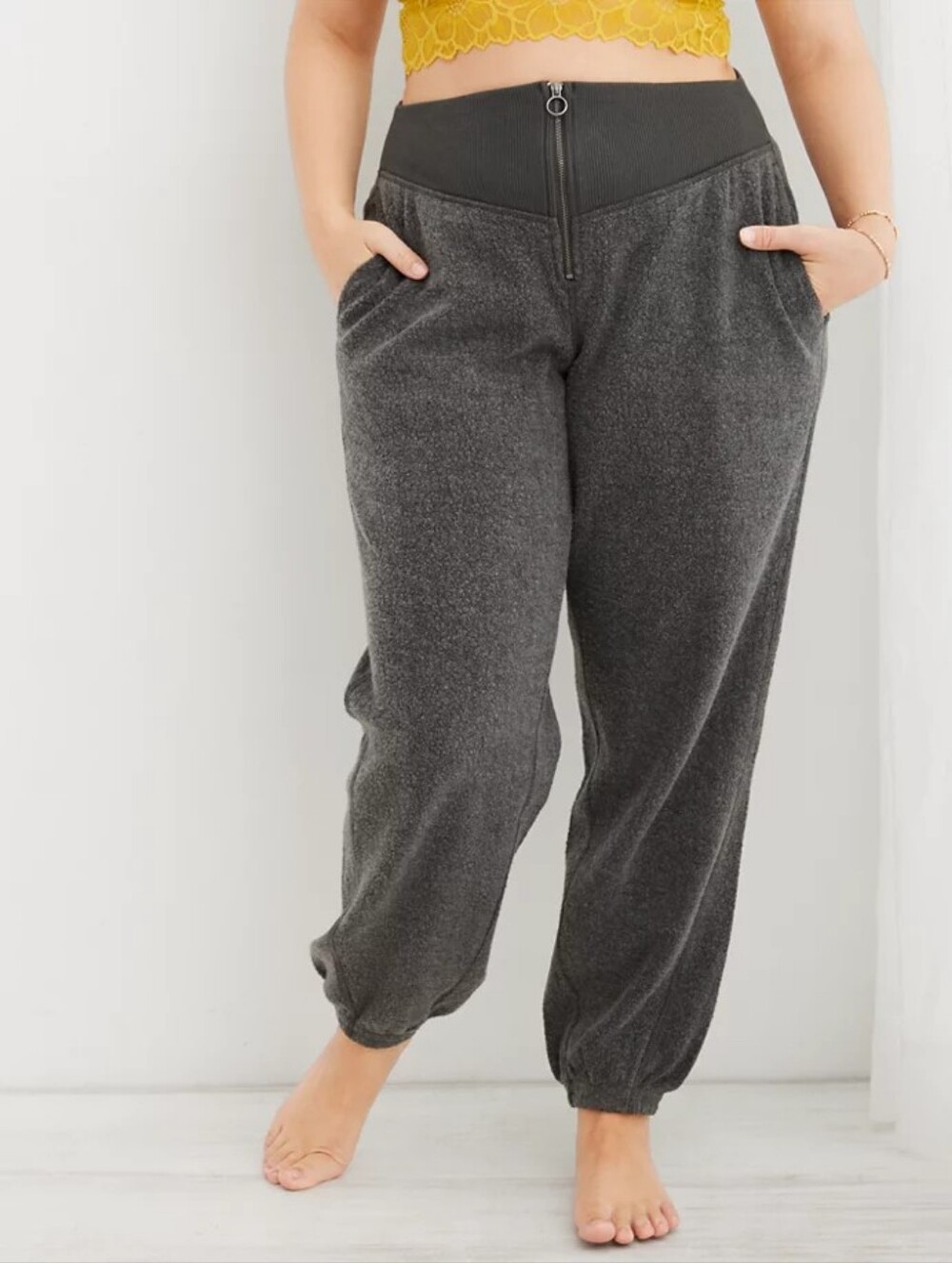 Aerie Womens Smoked Gray Sherpa Fleece Zip Up Corset Jogger Pants Size Large